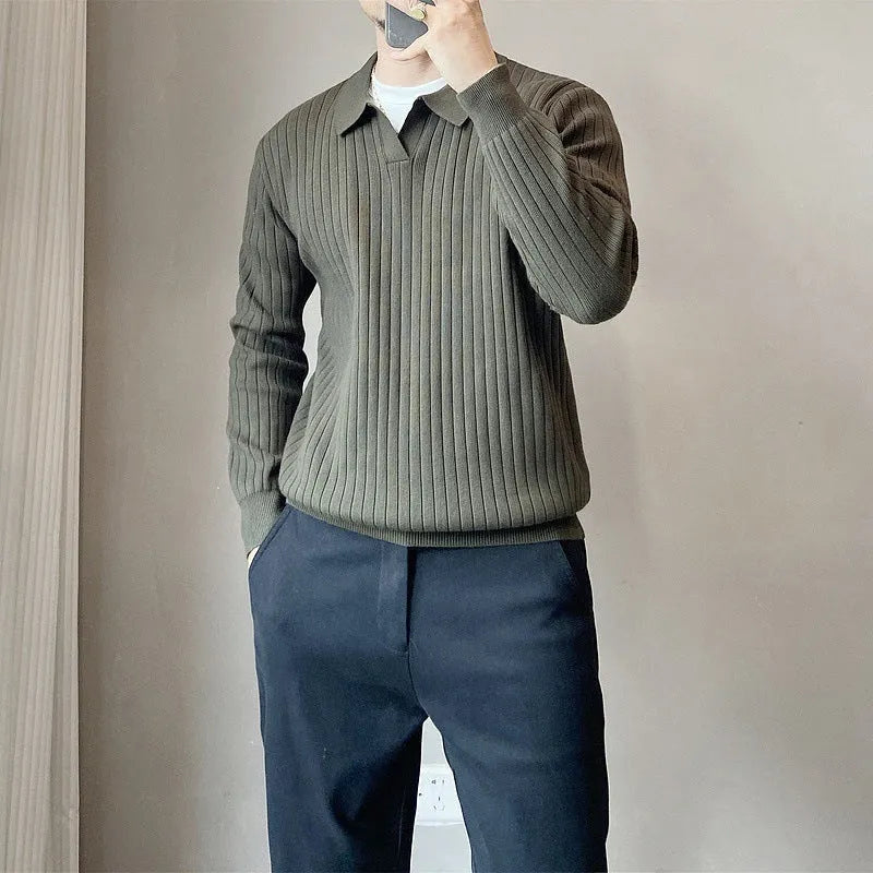 Loose striped lapel knitted sweater for boys in Army Green colour