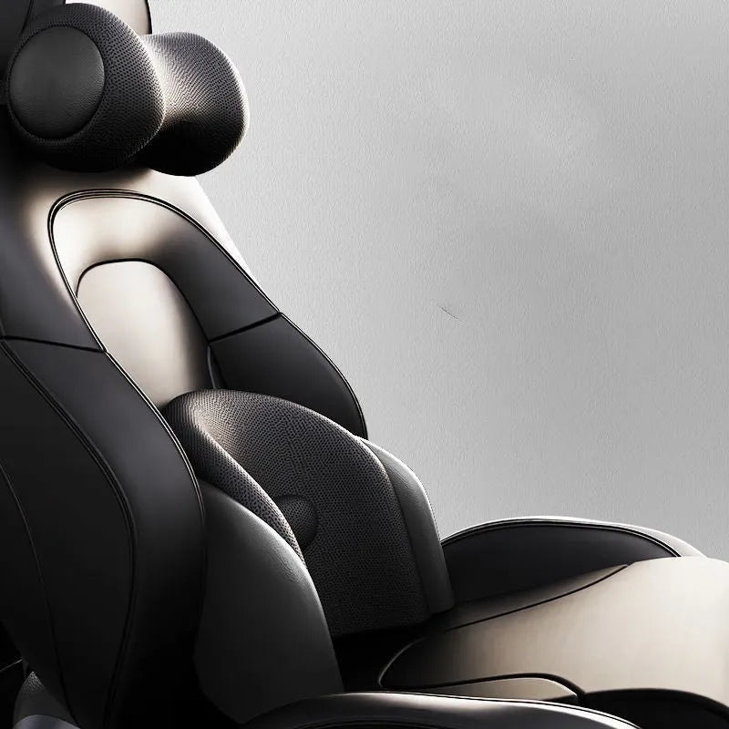 Car seat electric massage cushion and headrest in memory foam, shown in grey colour.