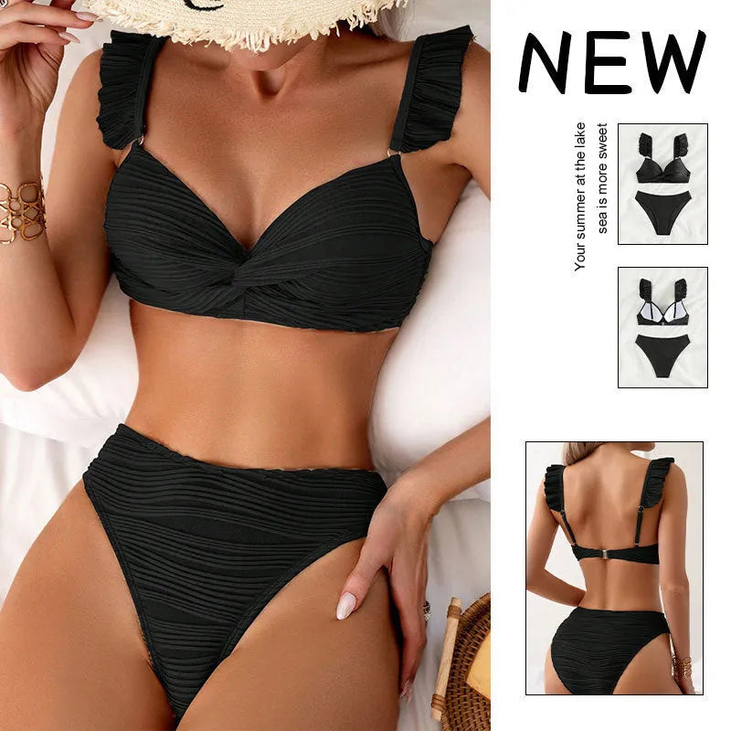 Solid colour women's bikini swimsuit in black or khaki with two-piece design