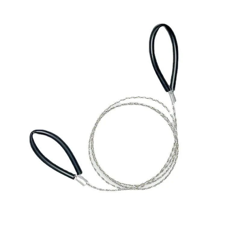 Survival wire saw with leather hand case showing steel wire construction and compact design
