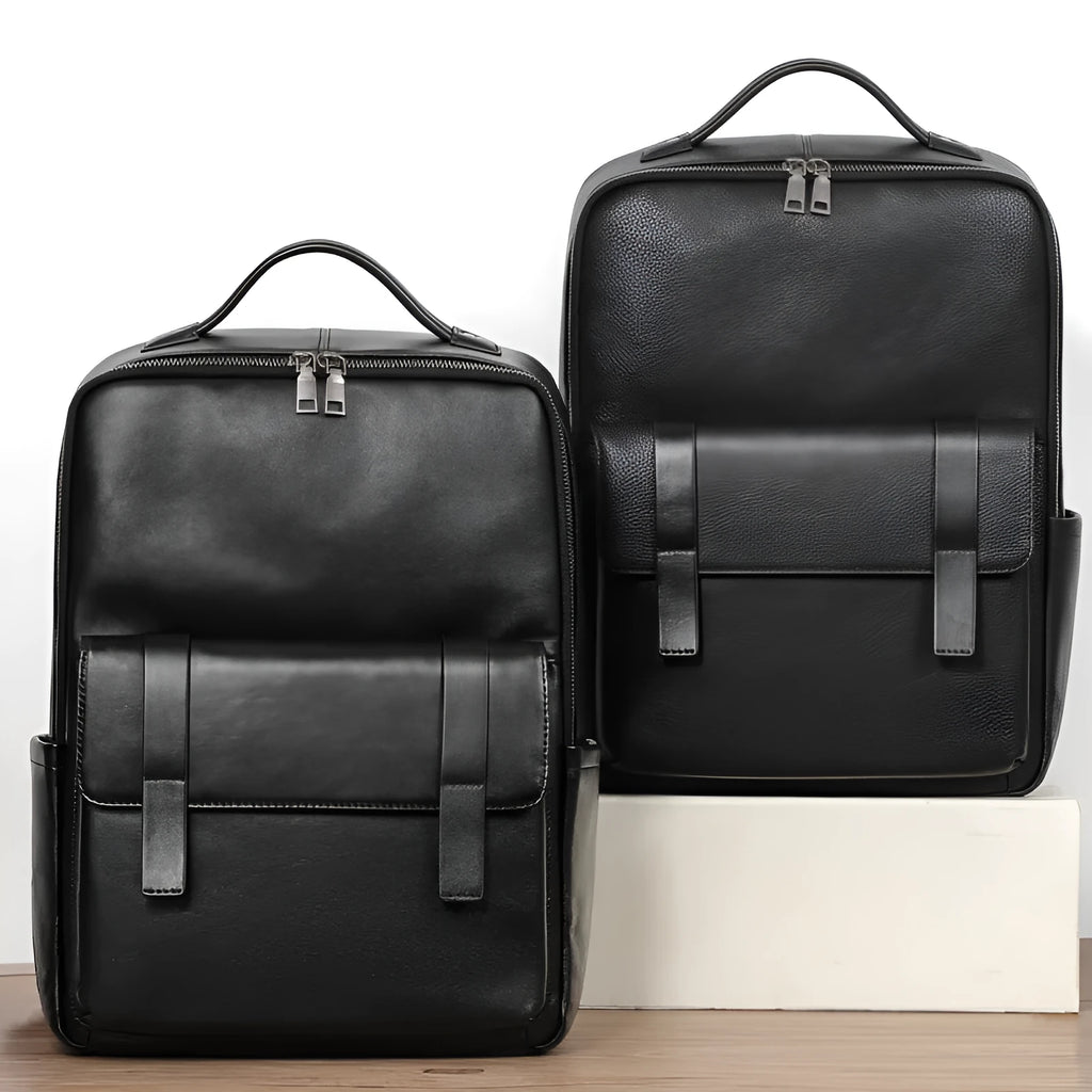 Men's large capacity leather computer backpack in black with woven detailing