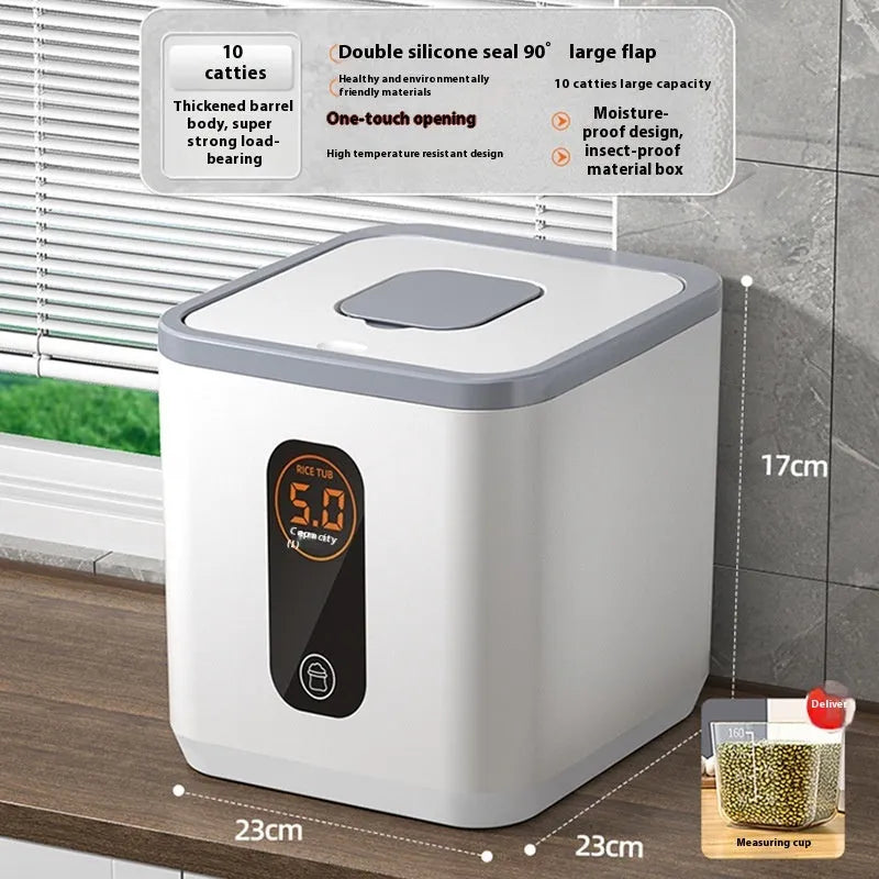 Grey plastic sealed rice storage jar with lid and measuring cup in 10kg 20kg 30kg sizes.