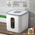 Grey plastic sealed rice storage jar with lid and measuring cup in 10kg 20kg 30kg sizes.