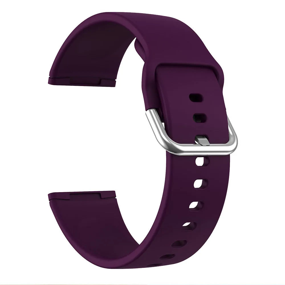 Silicone watch strap with silver buckle for Fitbit Versa 3 and Sense 2 in multiple colour options.