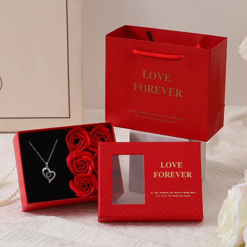 Korean style red soap rose flower gift set with box and handbag.