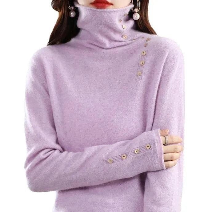 Women's core-spun yarn knitted bottoming shirt in light camel colour showing 40cm length and regular sleeves