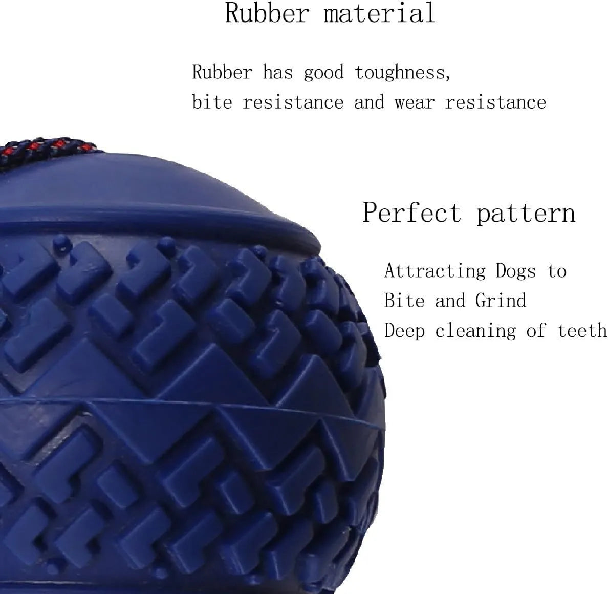 Blue dog ball with rope toy showing 29cm length and textured 6.5cm rubber ball