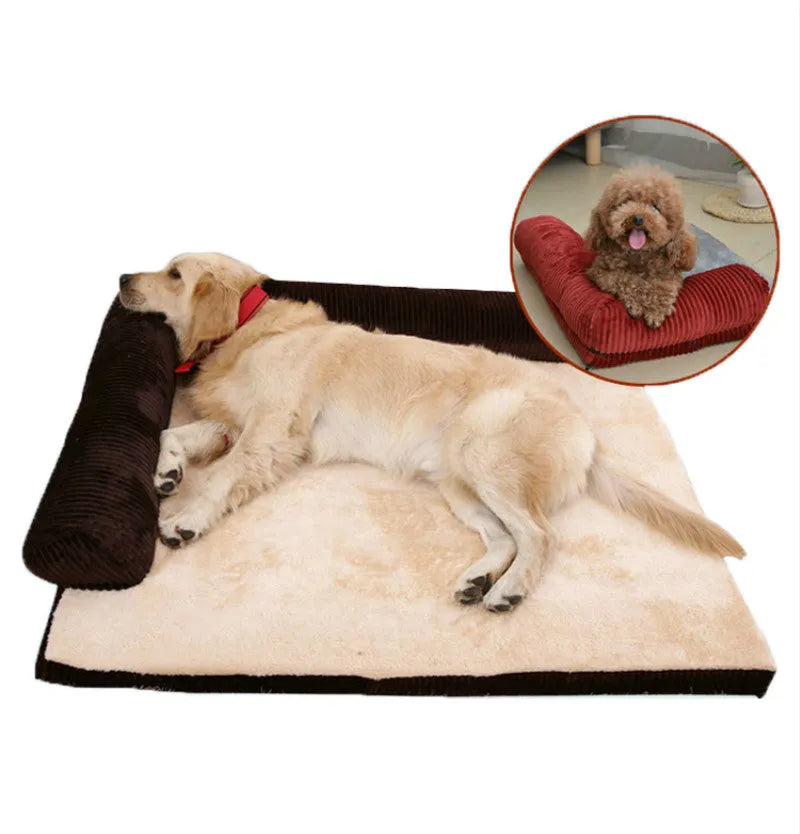 Corduroy dog bed sofa with bolster sides and non-slip base in a neutral colour.