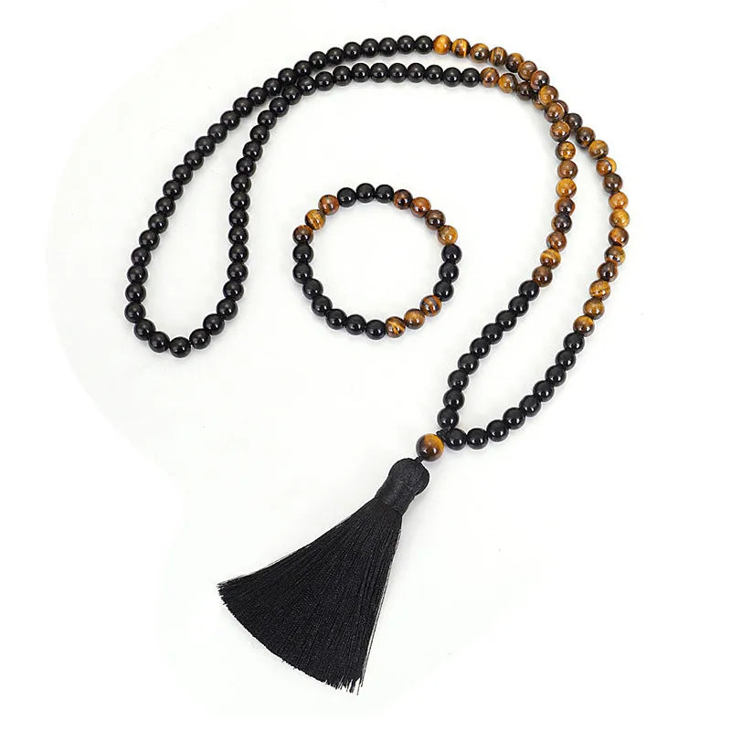 Handmade vintage tiger eye stone necklace with tassel details and ball bead chain