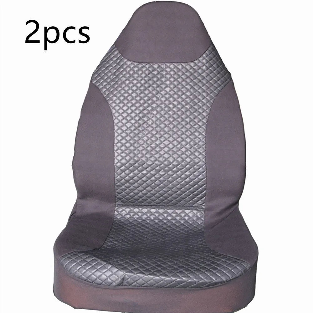 Black quilted automotive seat cover with PU and polyester construction shown on car seat