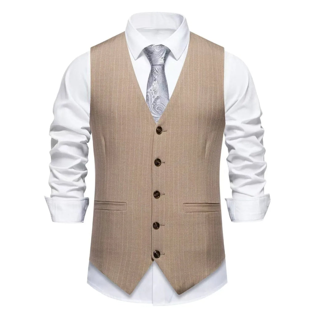 Men's striped formal vest with miter hem and embedded-line pockets in polyester