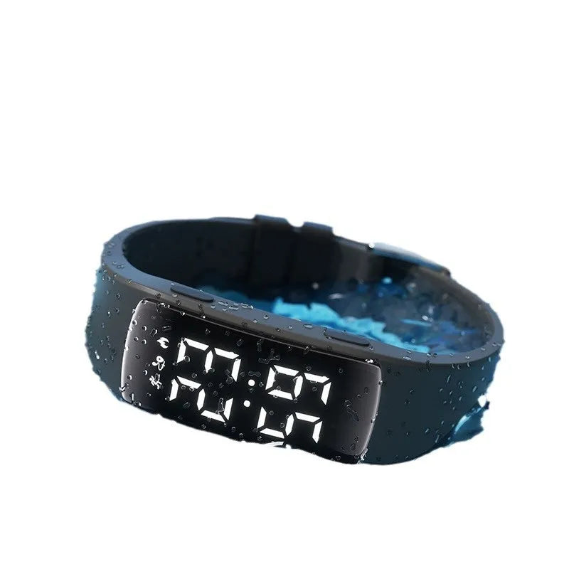 Waterproof vibration alarm electronic watch with LED display on silicone strap