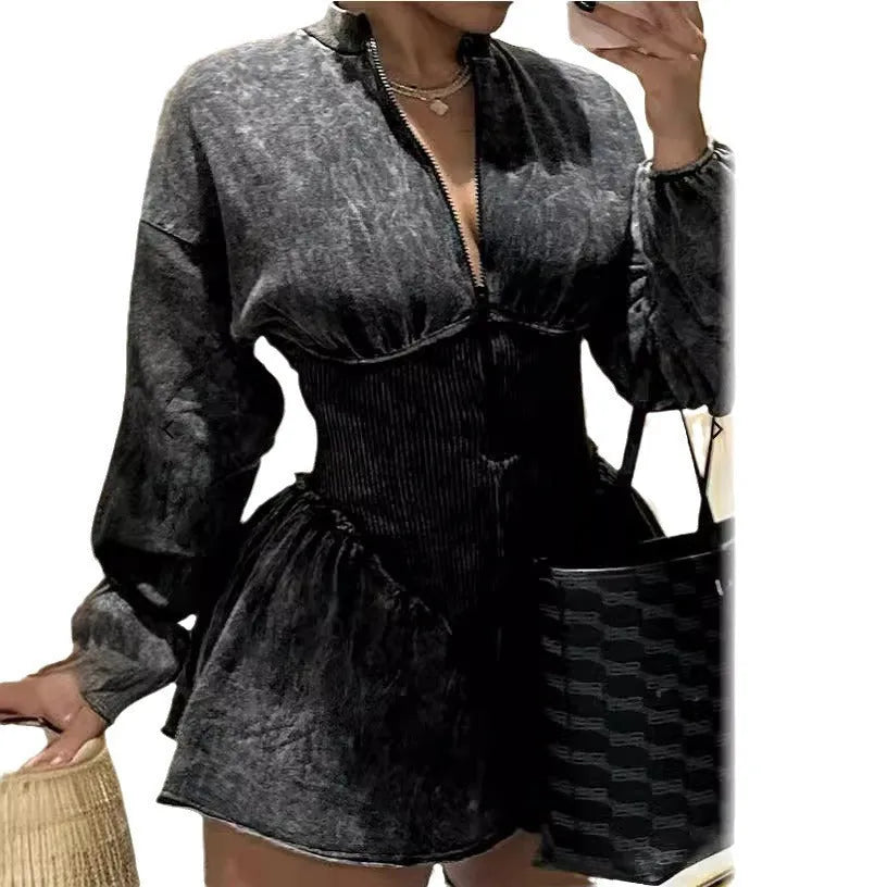 Gray digital print drawstring dress with long sleeves and A-line skirt in European street fashion style