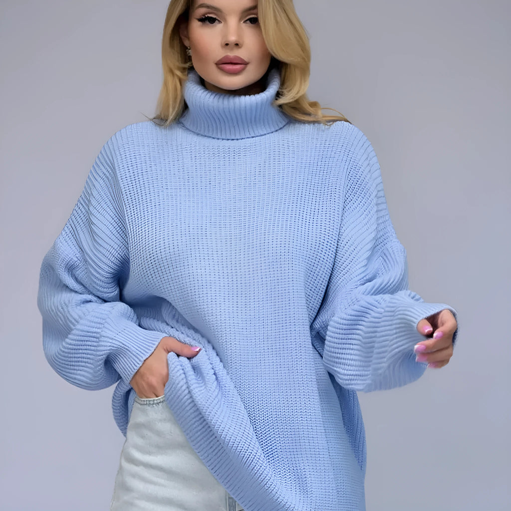 Women's high-neck pullover sweater in thick imitation cashmere fabric, shown in solid black colour.