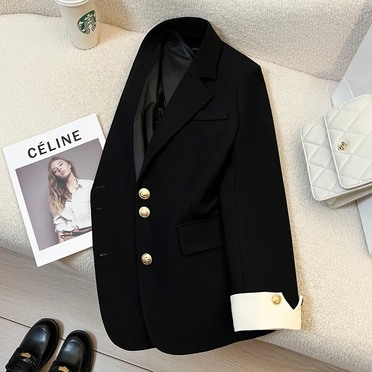 Women's Korean-style loose polyester coat in milky white with pockets