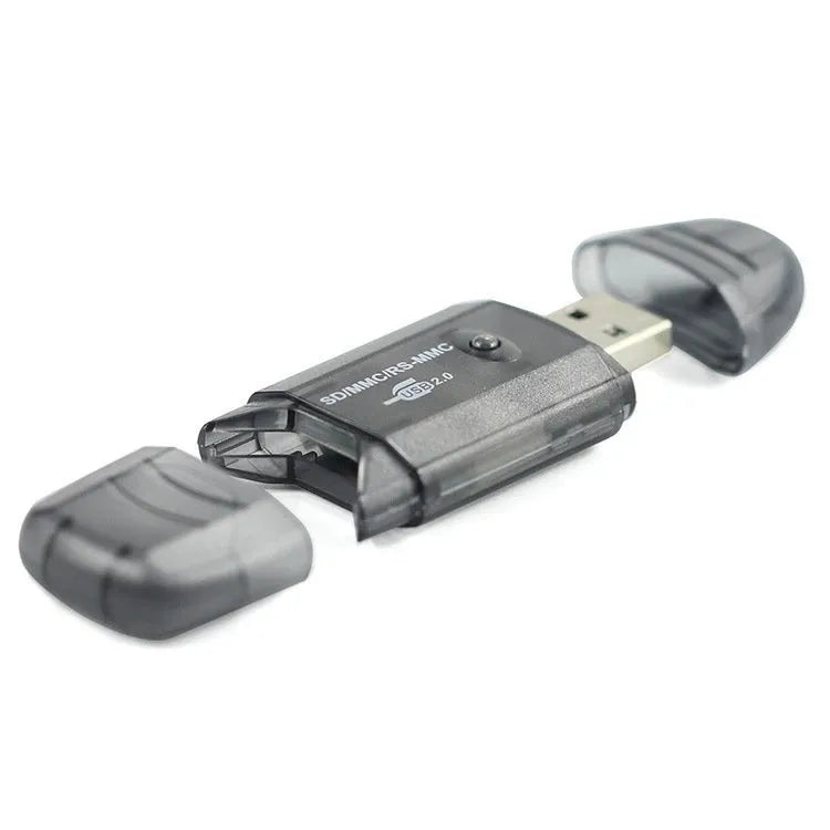 Transparent USB card reader with LED light showing memory card slots and USB plug