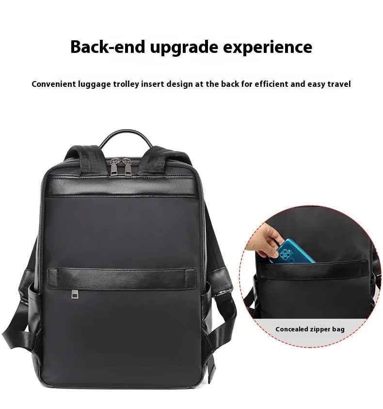 Men's large capacity leather computer backpack in black with woven detailing