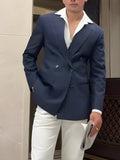 Men's classic stripe double breasted blazer on a hanger, showing regular fit and length.