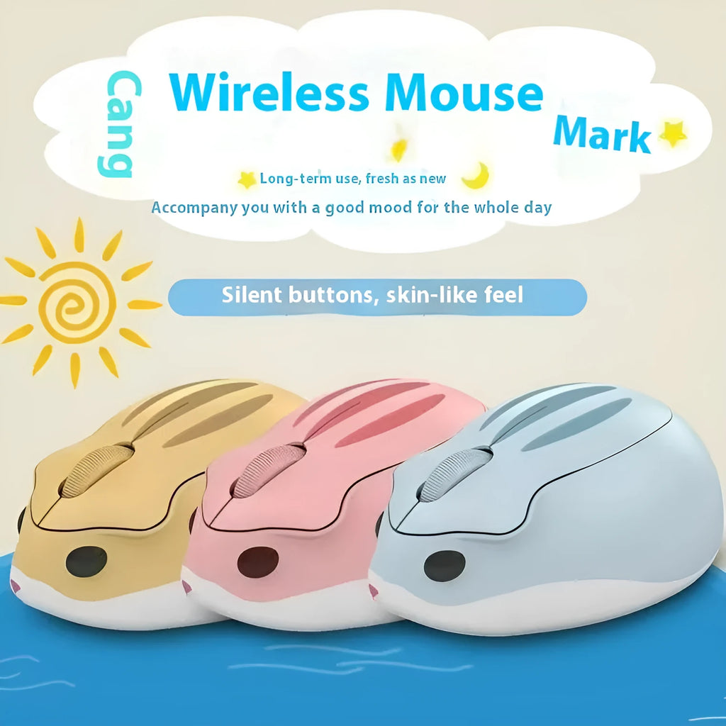 Hamster wireless mute mouse model 109E in yellow pink and gray colors with compact Bluetooth design