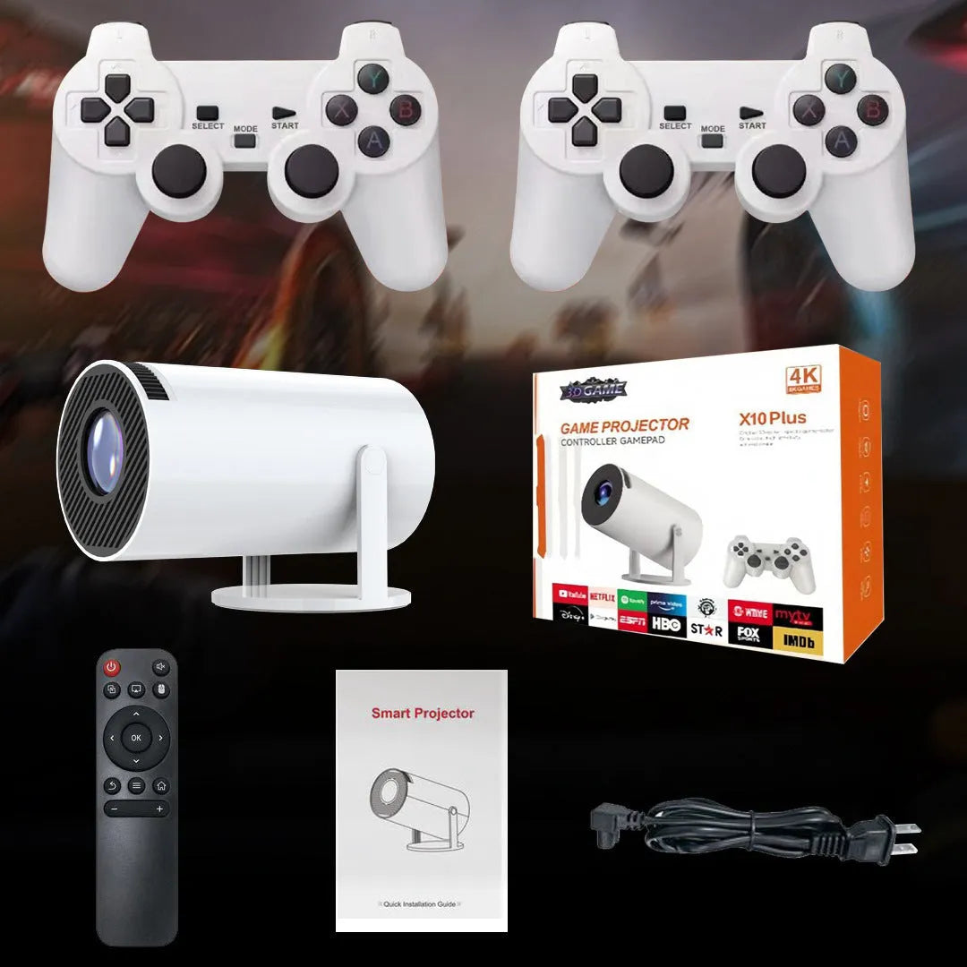 White barrel-shaped X10 PLUS portable smart projector with gamepad and remote control for home wall projection