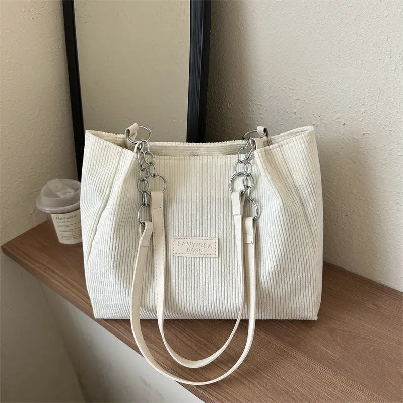 Corduroy one-shoulder tote handbag with large capacity and horizontal square design