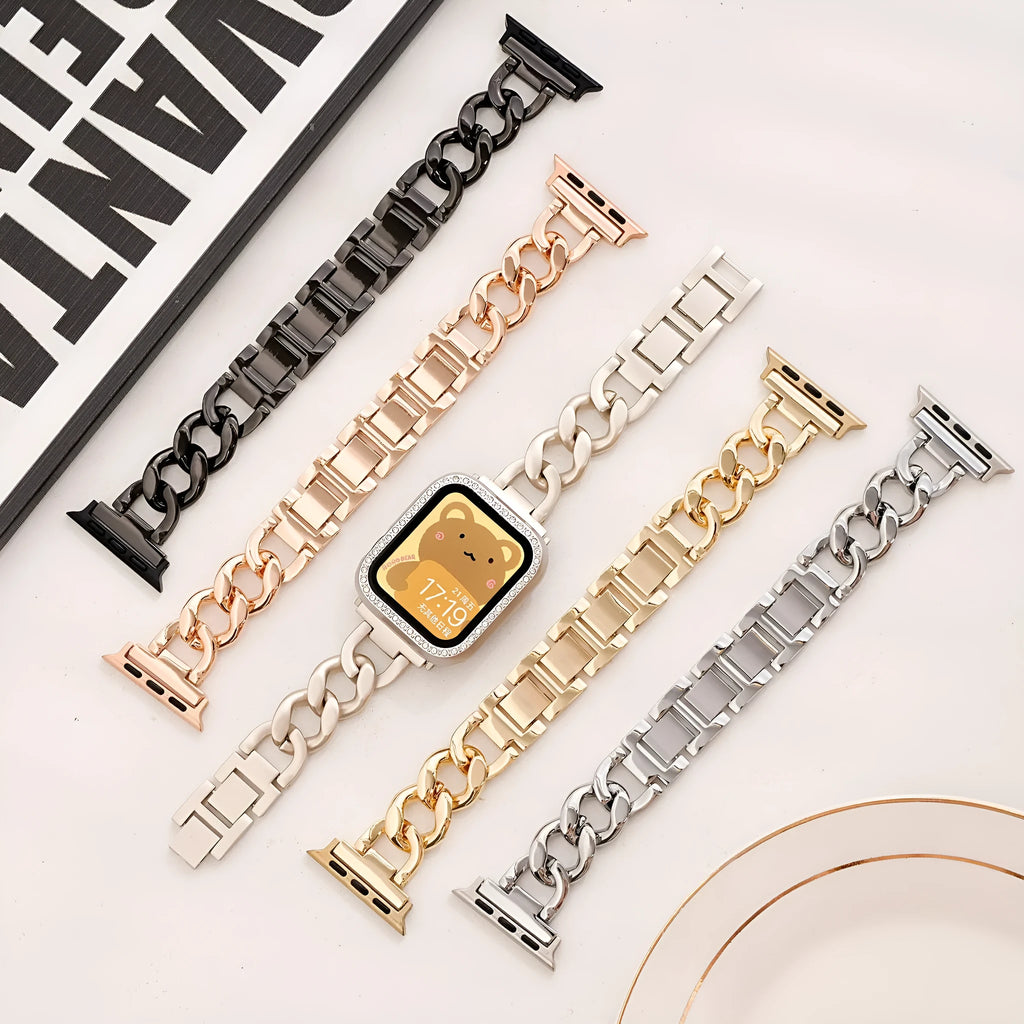 Denim chain metal Apple Watch strap in silver, black, gold, rose gold and Starlight colour options