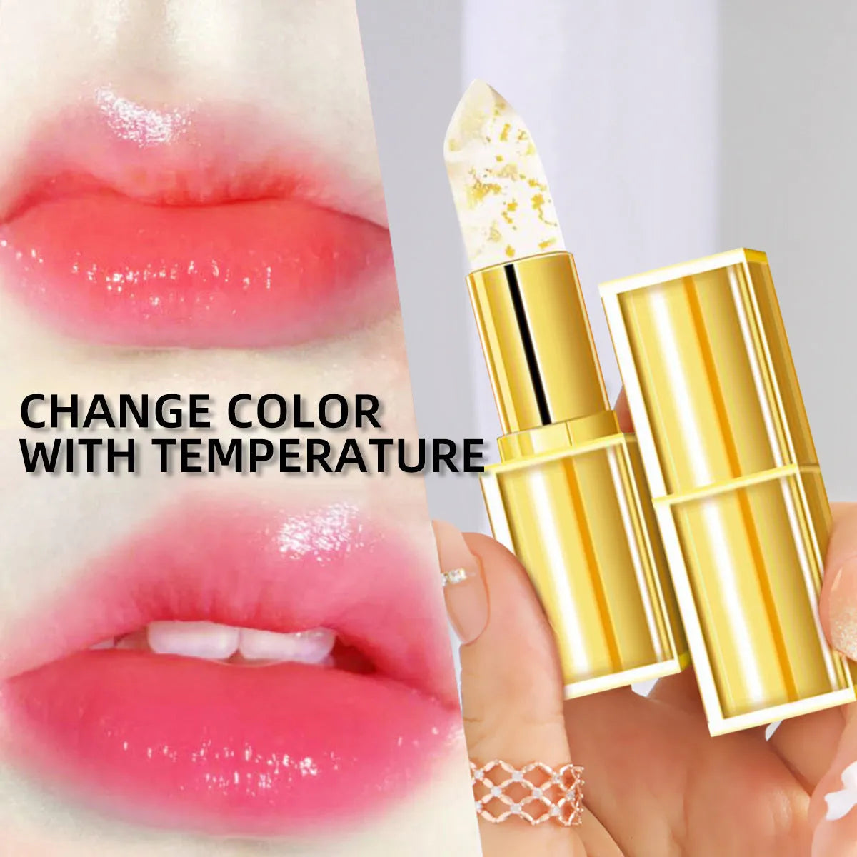 Anti-smudge lipstick with warm colour-changing effect and gilding finish