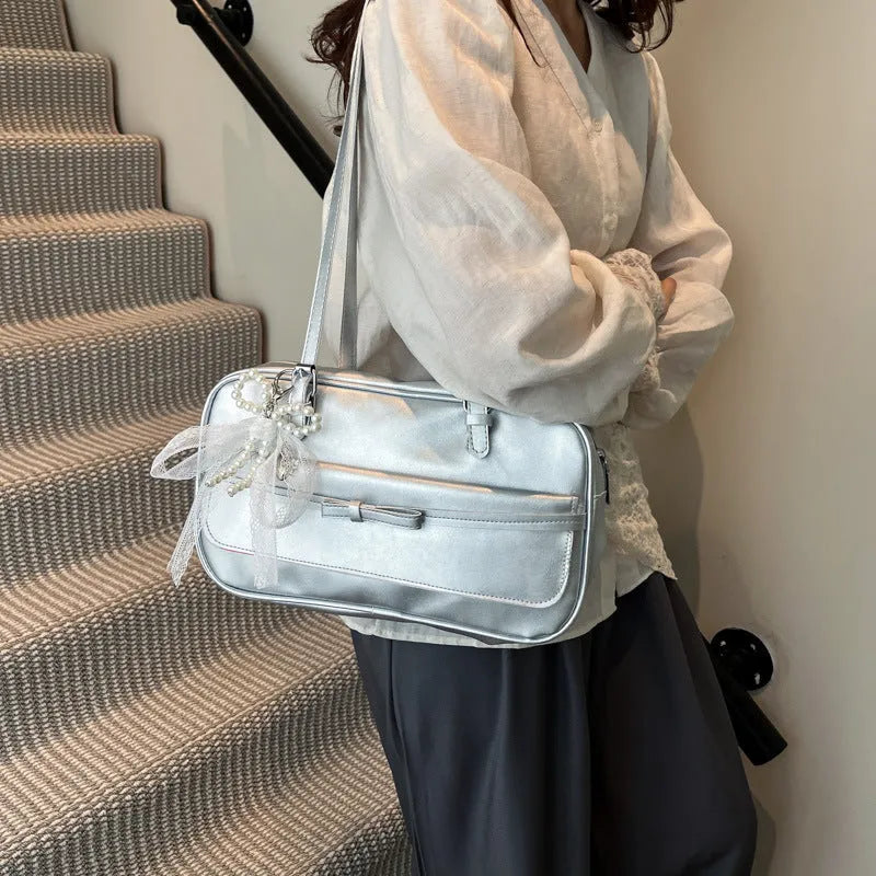 Women's PU leather single shoulder flap bag in horizontal square shape with mobile phone compartment
