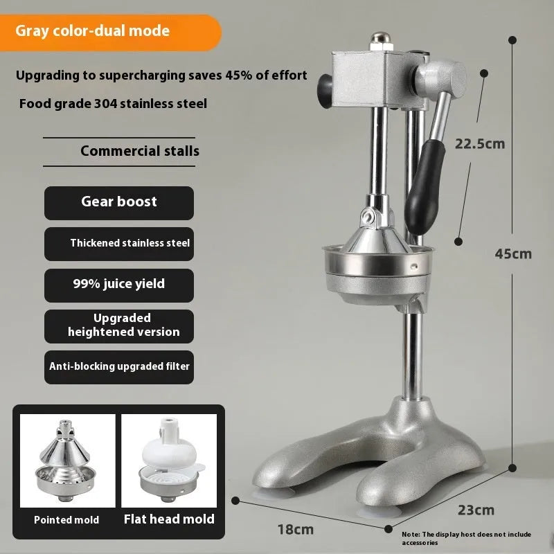 Vertical stainless steel manual juicer on zinc alloy base, showing colour and head style options.