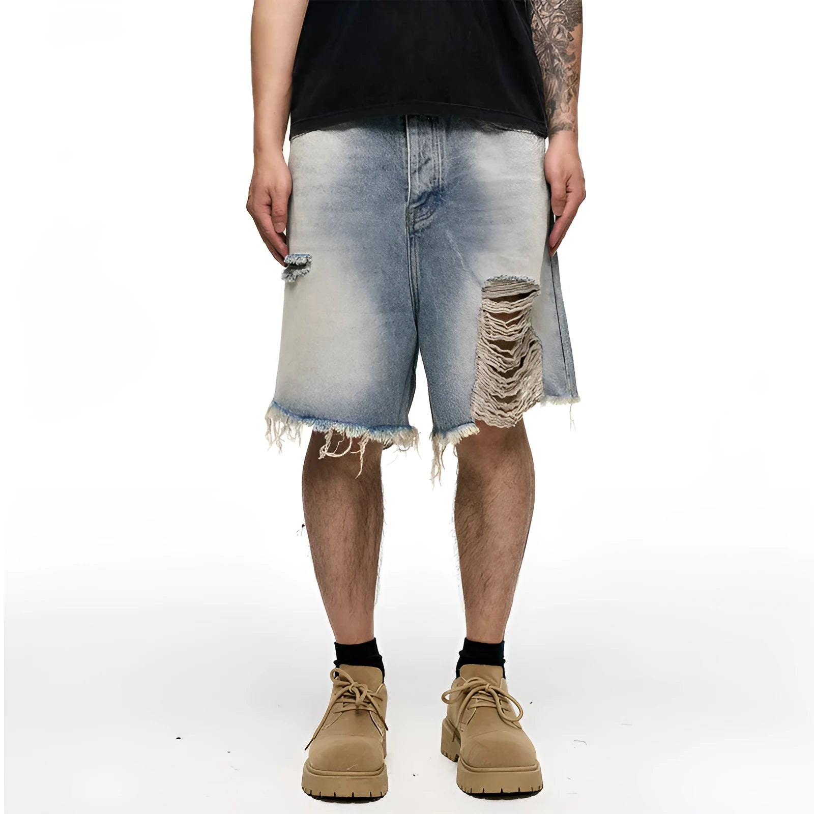 Light blue men's retro washed denim shorts with baggy wide leg fit