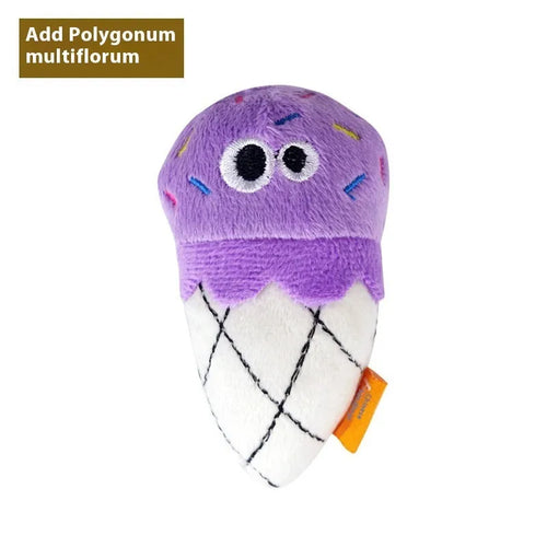 Catnip plush pillow containing wooden insert for cat dental chewing, available in six shapes