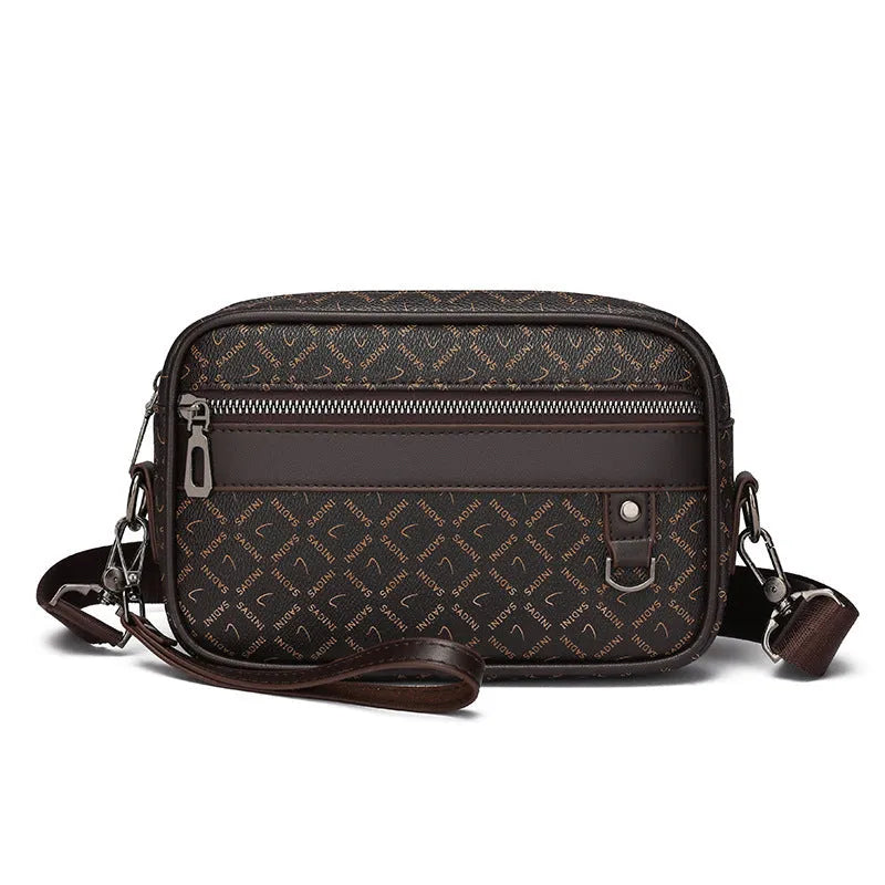 Men's geometric pattern PU messenger bag shown in a horizontal carry position.
