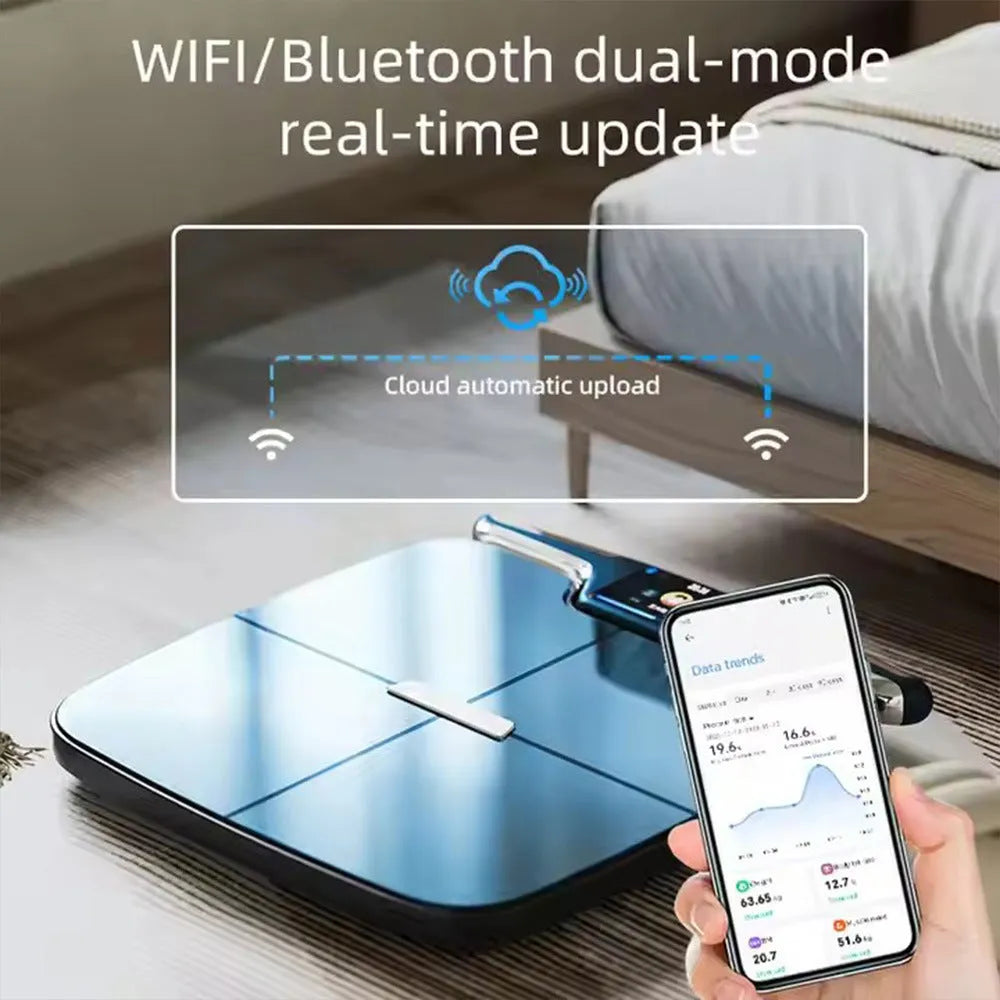 Black eight-electrode body fat smart scale on floor, showing tempered glass platform and stainless steel electrodes.