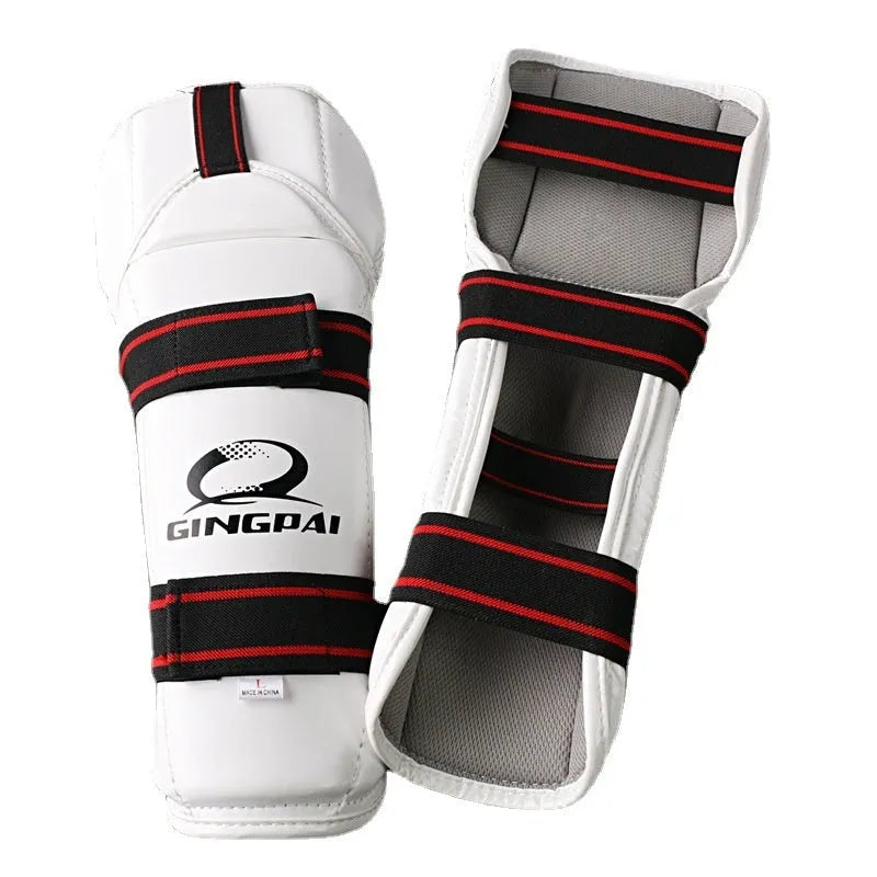 Taekwondo protective gear set showing arm guards, elbow protectors, and leg guards in PU EVA foam material