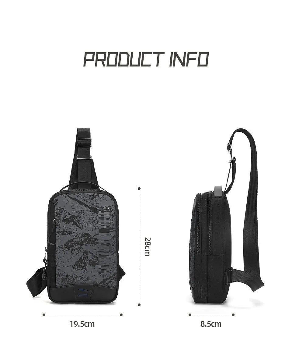 Casual black camouflage pattern insulated chest bag with a single strap and waterproof TPU exterior.