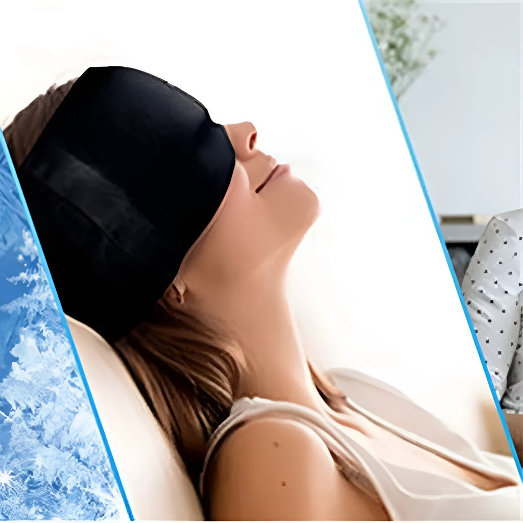 Black elastic cloth gel cold therapy eye mask for headache relief on grey background.