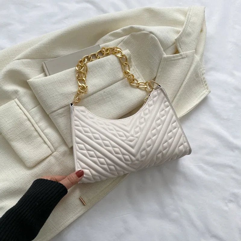 PU pleated chain baguette shoulder underarm bag in vertical square shape with adjustable strap