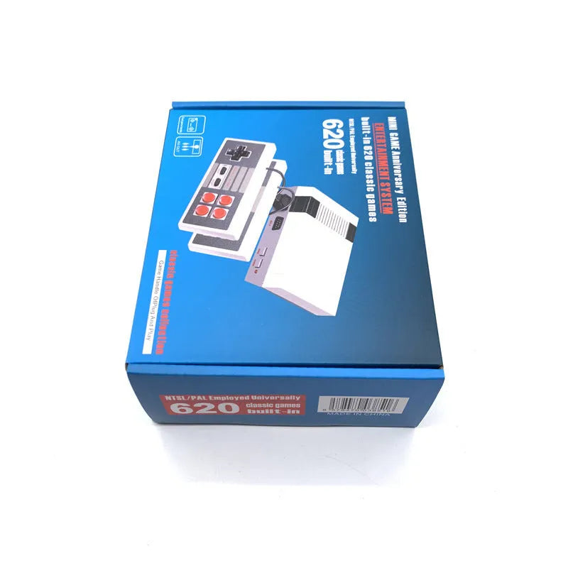 NES retro game console with two controllers showing compact design and AV connection