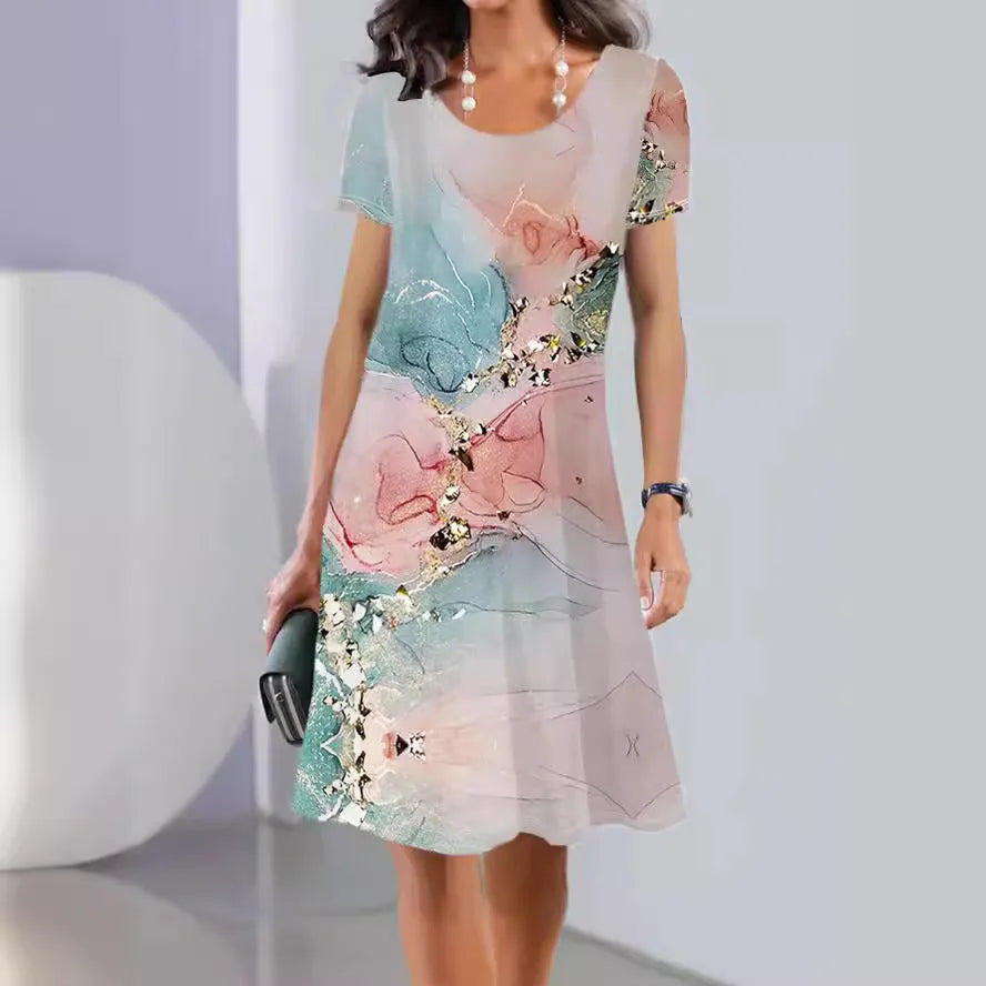 Women's floral print mid-length dress with short sleeves and round neckline in ice silk fabric