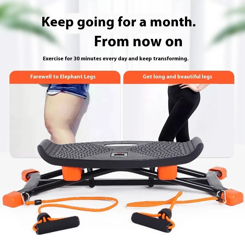 Black mini fitness skiing machine for home indoor exercise with elastic hand straps.
