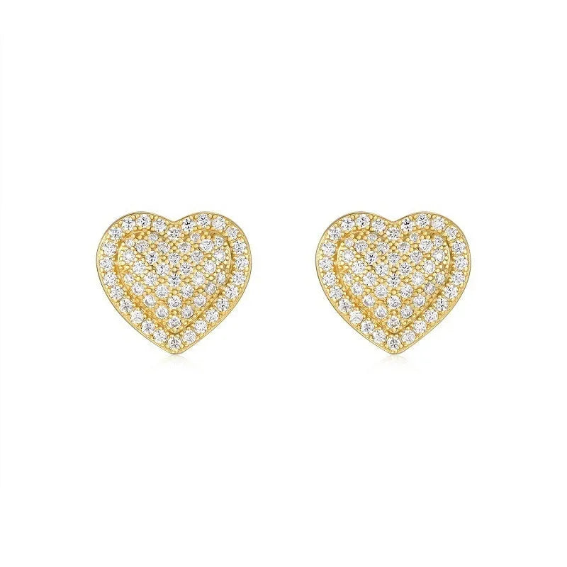 S925 silver moissanite heart-shaped stud earrings shown in gold plating