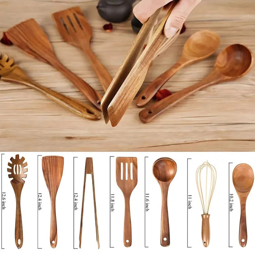 Wooden cooking utensils seven-piece set with spoon and shovel tools for non-stick pans