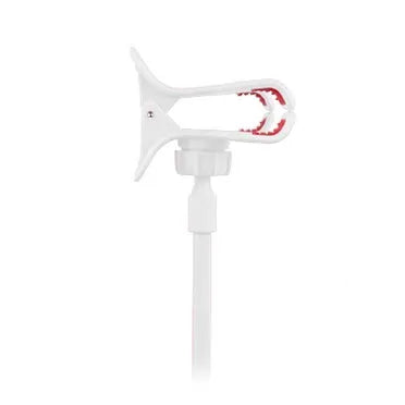 Black portable phone holder with a long 70cm flexible arm and a V-shaped clip mounted on a bed frame.