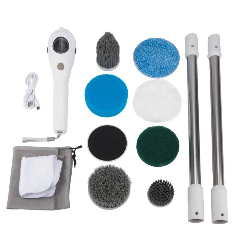 White lithium rechargeable handheld cleaning ball with brush and accessories on a white background.