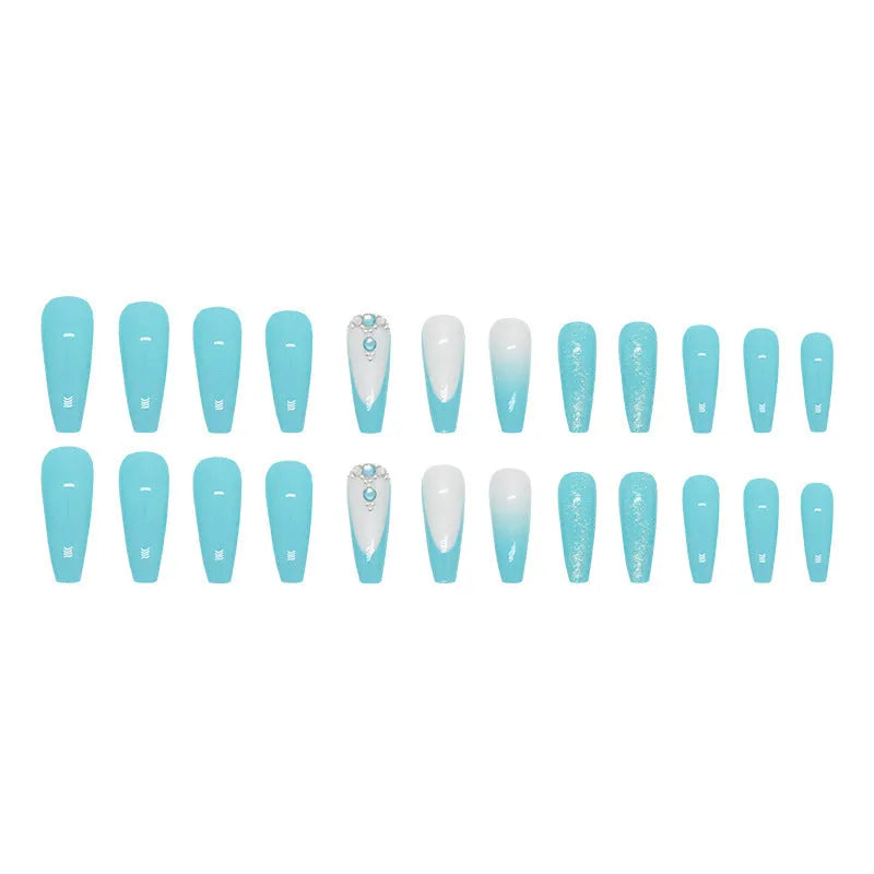Long ballet shaped false nails in a solid smart blue diamond colour with glue.