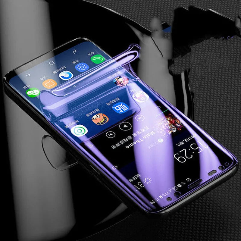 Purple Light hydraulic film screen protector for curved Samsung S10 S9 S8 phones on a matte surface.