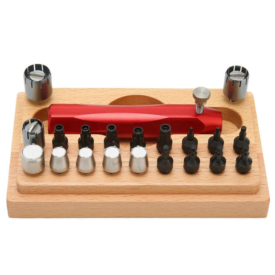 Steel watch repair barrel-opening tool kit with 20 pieces in a black organiser case.