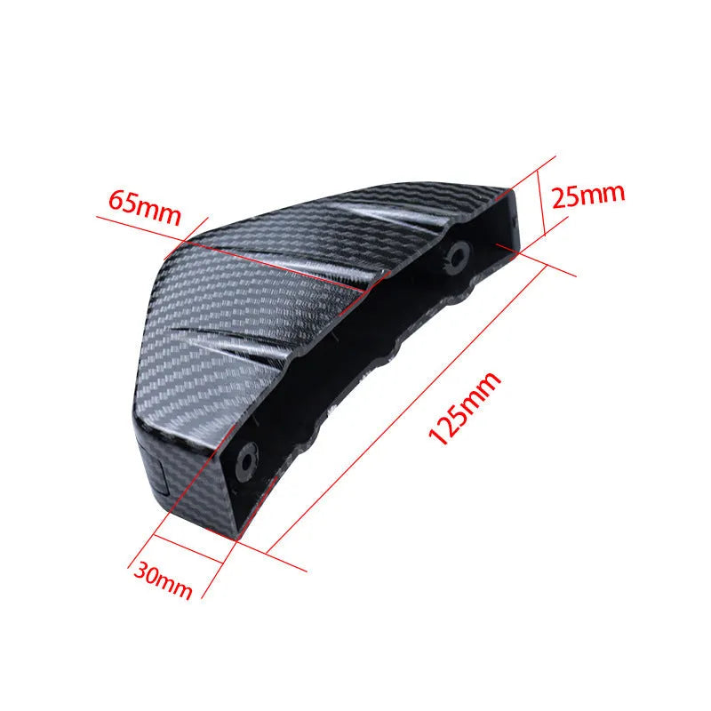Set of four black ABS plastic triangle rear spoilers for car bumper, measuring 15cm wide, with screws and adhesive tape.