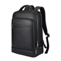 Black men's leather business backpack with curved shoulder straps and sewing line detailing