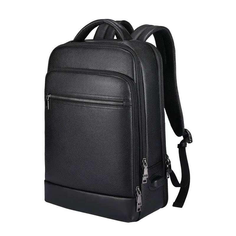 Black men's leather business backpack with curved shoulder straps and sewing line detailing
